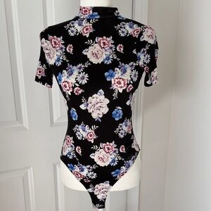 Floral Open Back Black Bodysuit Top